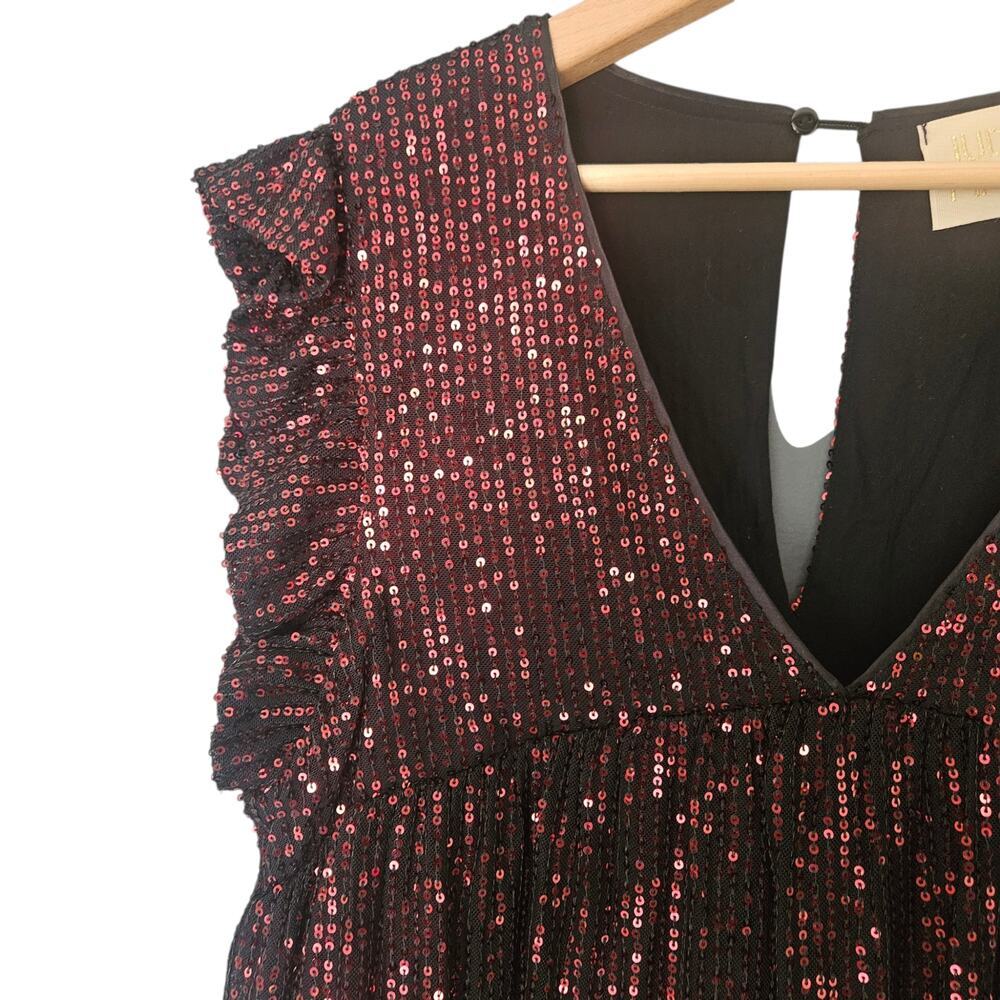 Women's Judith March Mini Red Sequins Ruffle Sleeveless Dress V-Neck Black M - Picture 4 of 10